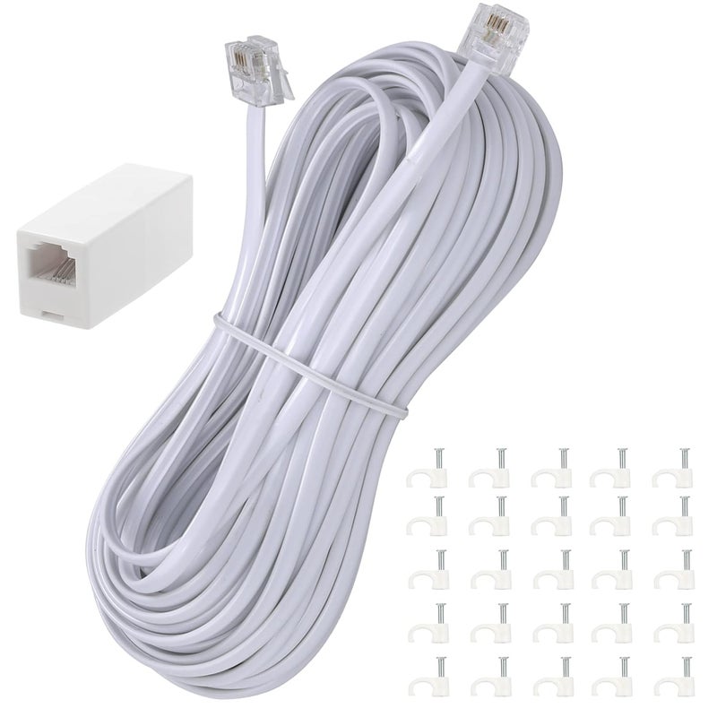 Ubramac 50Feet Long Telephone Extension Cord Phone Cable Line Wire, with Standard RJ11 Plug and 1 in-Line Couplers and 25 Cable Clip Holders-White - Image 1